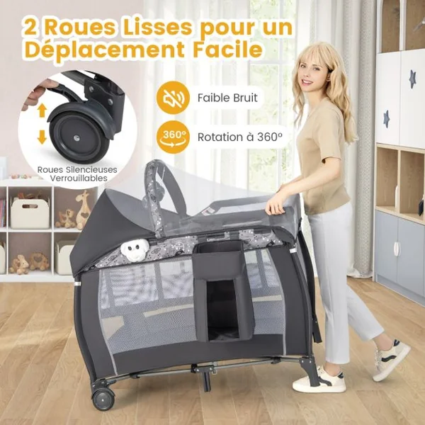 Lit de Voyage Bébé 3-en-1 Parc Pliable Portable avec Table à Langer Baldaquin et Moustiquaire Boîte à Musique Parois Latérales Aérées Gris