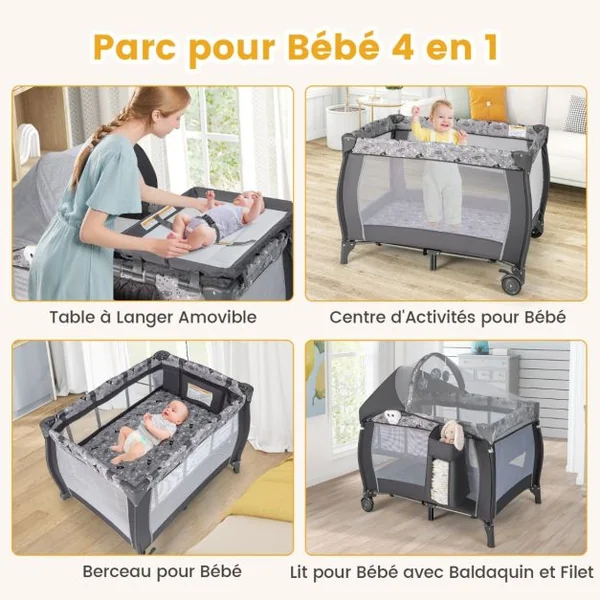 Lit de Voyage Bébé 3-en-1 Parc Pliable Portable avec Table à Langer Baldaquin et Moustiquaire Boîte à Musique Parois Latérales Aérées Gris