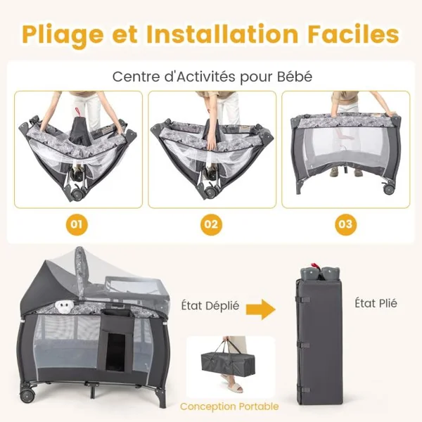 Lit de Voyage Bébé 3-en-1 Parc Pliable Portable avec Table à Langer Baldaquin et Moustiquaire Boîte à Musique Parois Latérales Aérées Gris
