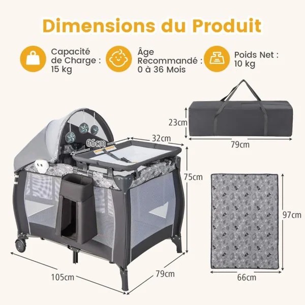 Lit de Voyage Bébé 3-en-1 Parc Pliable Portable avec Table à Langer Baldaquin et Moustiquaire Boîte à Musique Parois Latérales Aérées Gris