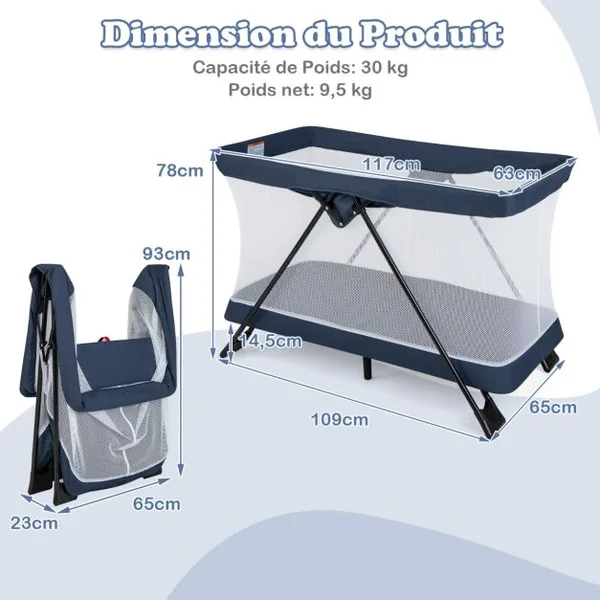 Lit de Voyage Portable Centre de Nursery Pliable Multifonctionnel avec Matelas Confortable et Housse de Matelas Lavable Parc de Jeu pour Bébé Voyageur