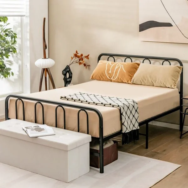 Lit Double, Cadre de Lit en Métal pour Matelas de 200 x 140 cm Fer Forgé avec 5 Pied Rangement sous le Lit sans Bruit Noir