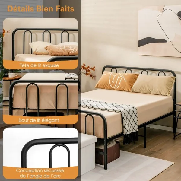 Lit Double, Cadre de Lit en Métal pour Matelas de 200 x 140 cm Fer Forgé avec 5 Pied Rangement sous le Lit sans Bruit Noir