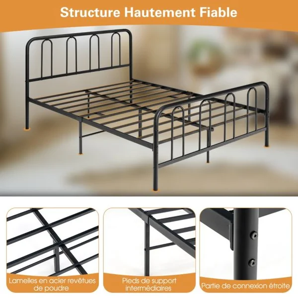 Lit Double, Cadre de Lit en Métal pour Matelas de 200 x 140 cm Fer Forgé avec 5 Pied Rangement sous le Lit sans Bruit Noir