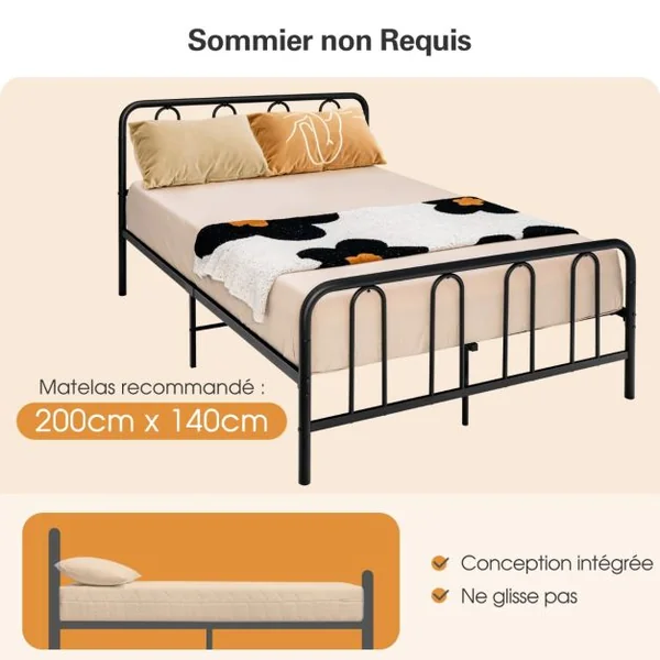 Lit Double, Cadre de Lit en Métal pour Matelas de 200 x 140 cm Fer Forgé avec 5 Pied Rangement sous le Lit sans Bruit Noir
