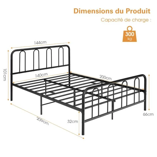 Lit Double, Cadre de Lit en Métal pour Matelas de 200 x 140 cm Fer Forgé avec 5 Pied Rangement sous le Lit sans Bruit Noir