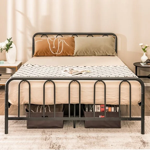 Lit Double Cadre de Lit en Métal pour Matelas de 200 x 160 cm Fer Forgé avec 5 Pied Rangement sous le Lit sans Bruit Noir