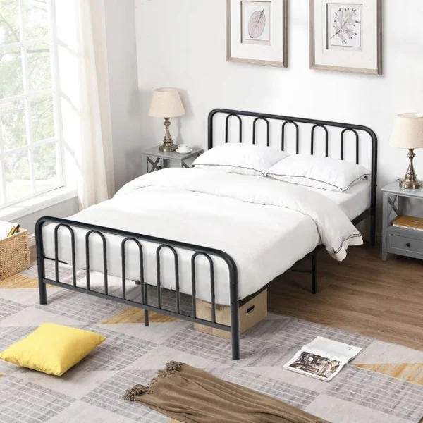 Lit Double Cadre de Lit en Métal pour Matelas de 200 x 160 cm Fer Forgé avec 5 Pied Rangement sous le Lit sans Bruit Noir