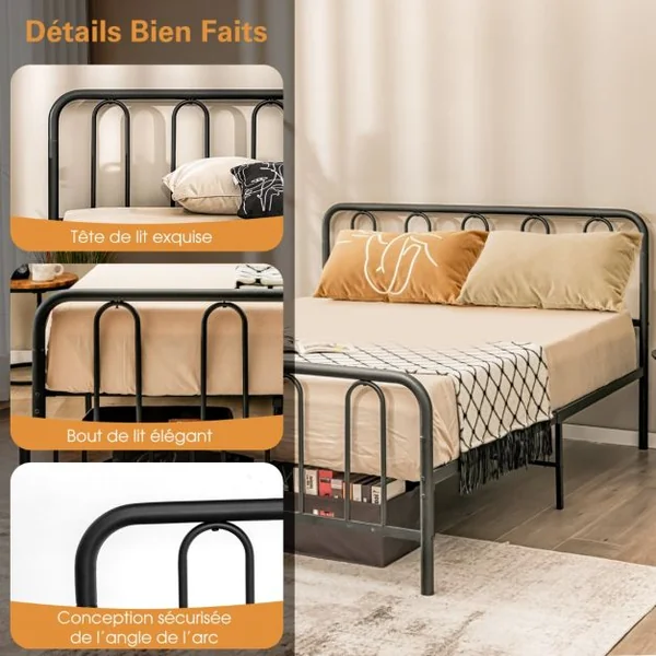 Lit Double Cadre de Lit en Métal pour Matelas de 200 x 160 cm Fer Forgé avec 5 Pied Rangement sous le Lit sans Bruit Noir