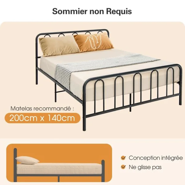 Lit Double Cadre de Lit en Métal pour Matelas de 200 x 160 cm Fer Forgé avec 5 Pied Rangement sous le Lit sans Bruit Noir