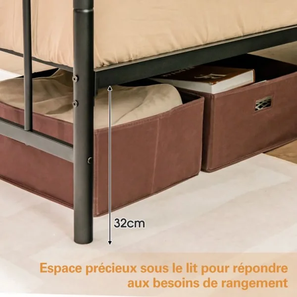 Lit Double Cadre de Lit en Métal pour Matelas de 200 x 160 cm Fer Forgé avec 5 Pied Rangement sous le Lit sans Bruit Noir