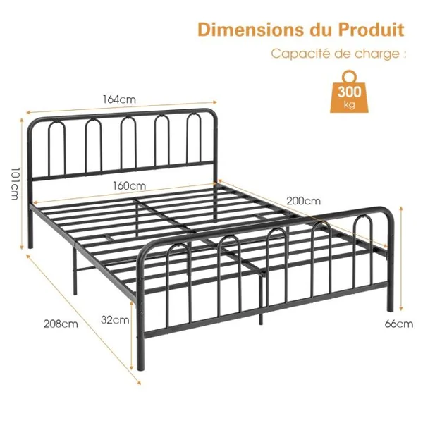 Lit Double Cadre de Lit en Métal pour Matelas de 200 x 160 cm Fer Forgé avec 5 Pied Rangement sous le Lit sans Bruit Noir