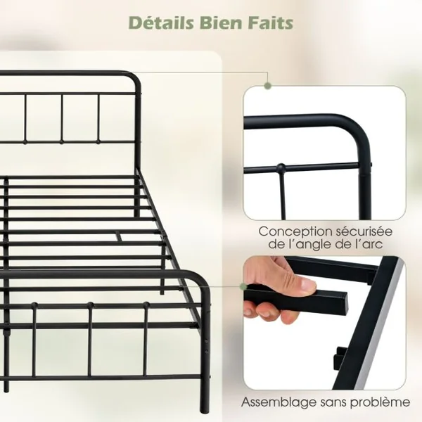 Lit Double en Métal Cadre de Lit pour Adultes Lattes en métal Massif Pas Besoin de Sommier sans Bruit 200 x 160 CM/200 x 140 CM
