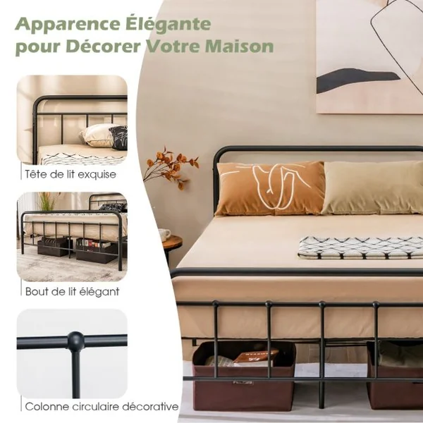 Lit Double en Métal Cadre de Lit pour Adultes Lattes en métal Massif Pas Besoin de Sommier sans Bruit 200 x 160 CM/200 x 140 CM