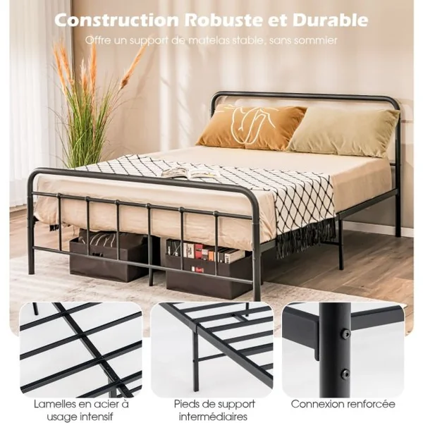Lit Double en Métal Cadre de Lit pour Adultes Lattes en métal Massif Pas Besoin de Sommier sans Bruit 200 x 160 CM/200 x 140 CM