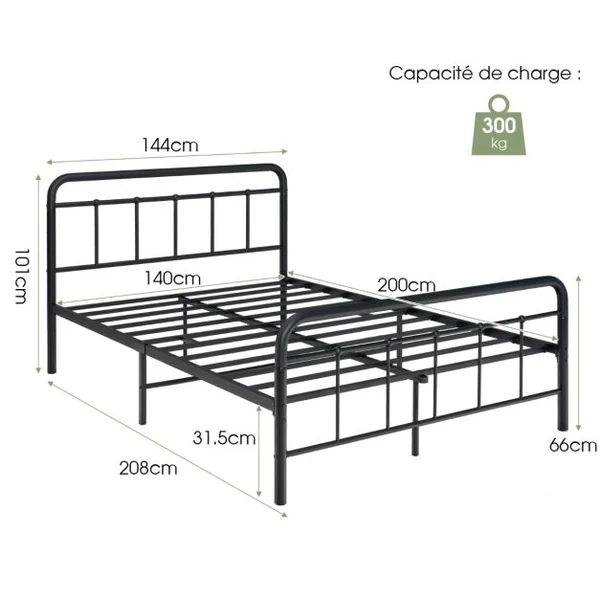Lit Double en Métal Cadre de Lit pour Adultes Lattes en métal Massif Pas Besoin de Sommier sans Bruit 200 x 160 CM/200 x 140 CM