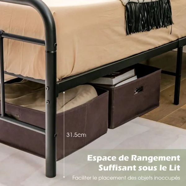 Lit Double en Métal Cadre de Lit pour Adultes Lattes en métal Massif Pas Besoin de Sommier sans Bruit 200 x 160 CM/200 x 140 CM