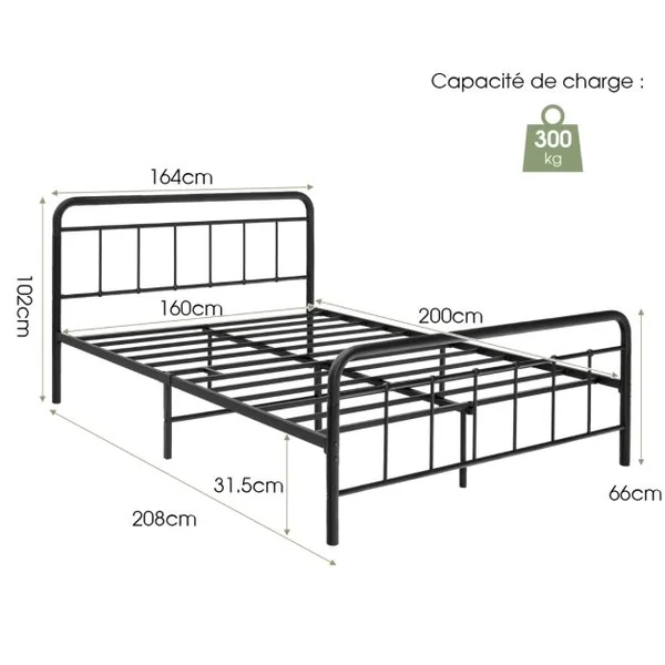 Lit Double en Métal Cadre de Lit pour Adultes Lattes en métal Massif Pas Besoin de Sommier sans Bruit 200 x 160 CM/200 x 140 CM