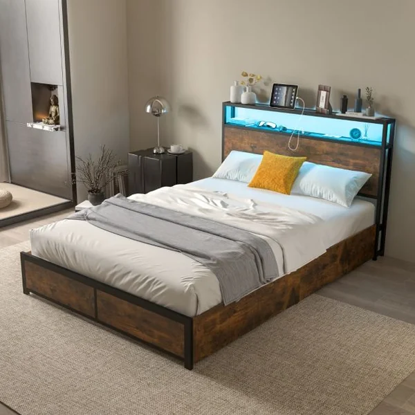 Lit Double Industriel pour Adulte avec 4 Tiroirs et Tête de Lit Lumineuse LED Cadre de Lit avec Prise de Courant