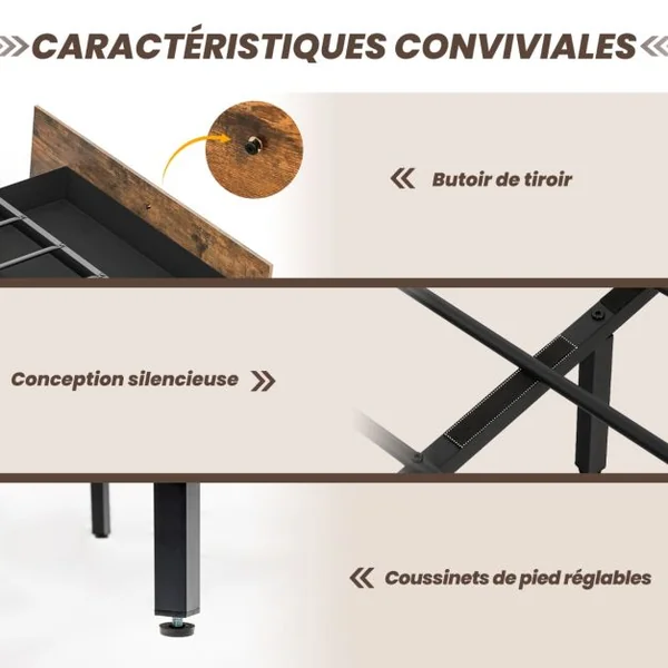 Lit Double Industriel pour Adulte avec 4 Tiroirs et Tête de Lit Lumineuse LED Cadre de Lit avec Prise de Courant