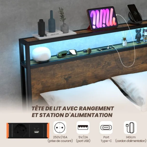 Lit Double Industriel pour Adulte avec 4 Tiroirs et Tête de Lit Lumineuse LED Cadre de Lit avec Prise de Courant