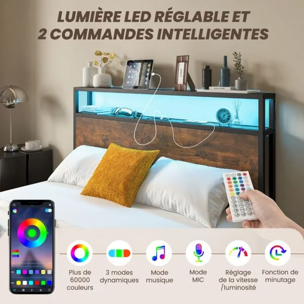 Lit Double Industriel pour Adulte avec 4 Tiroirs et Tête de Lit Lumineuse LED Cadre de Lit avec Prise de Courant