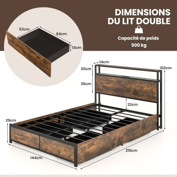 Lit Double Industriel pour Adulte avec 4 Tiroirs et Tête de Lit Lumineuse LED Cadre de Lit avec Prise de Courant