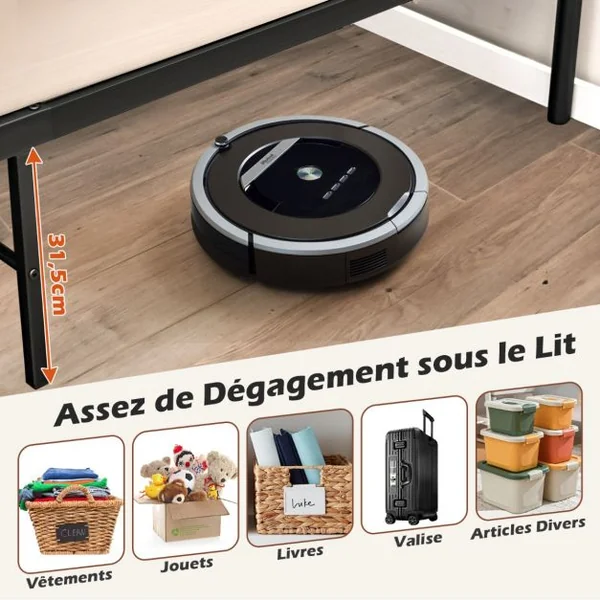Lit Double pour Adulte - Cadre de Lit en Métal - 140 x 200 CM - 9 pieds de Support - pas de Sommier Nécessaire - sans Bruit