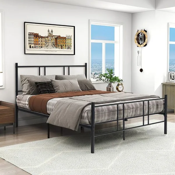 Lit Double pour Adulte - Cadre de Lit en Métal - 160 x 200 CM - 9 pieds de Support - pas de Sommier Nécessaire - sans Bruit