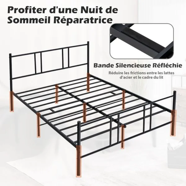 Lit Double pour Adulte - Cadre de Lit en Métal - 160 x 200 CM - 9 pieds de Support - pas de Sommier Nécessaire - sans Bruit