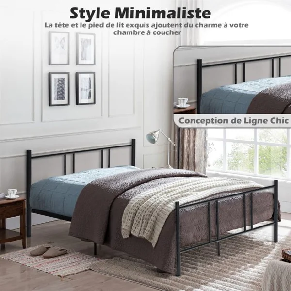 Lit Double pour Adulte - Cadre de Lit en Métal - 160 x 200 CM - 9 pieds de Support - pas de Sommier Nécessaire - sans Bruit