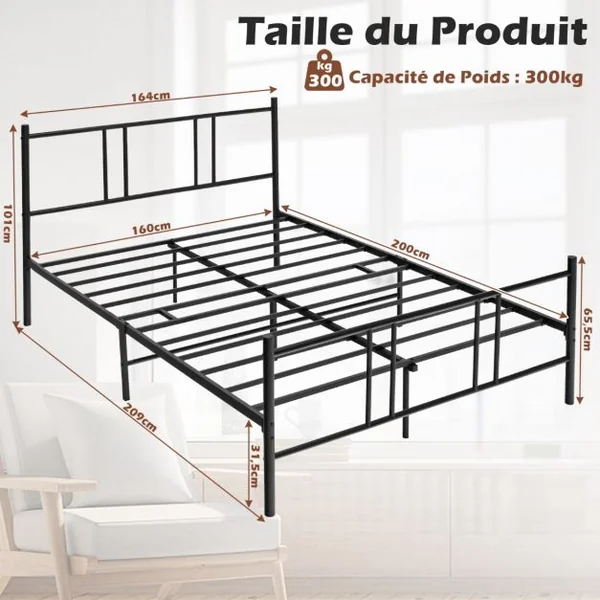 Lit Double pour Adulte - Cadre de Lit en Métal - 160 x 200 CM - 9 pieds de Support - pas de Sommier Nécessaire - sans Bruit