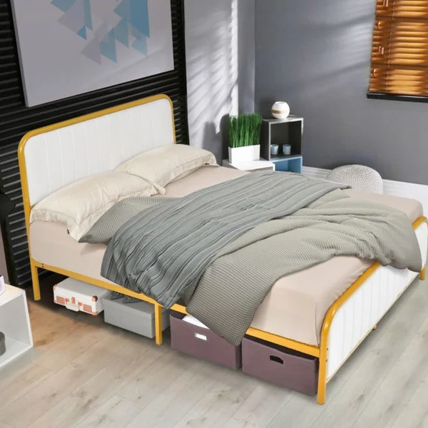 Lit Double pour Adulte en Métal Charge 300KG Cadre/Structure de Lit avec Tête de Lit Moelleuse en Daim et Tampons Silencieux Doré