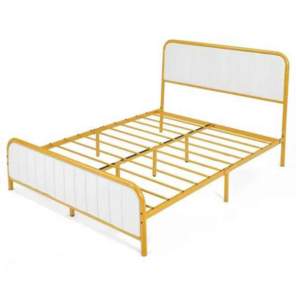 Lit Double pour Adulte en Métal Charge 300KG Cadre/Structure de Lit avec Tête de Lit Moelleuse en Daim et Tampons Silencieux Doré