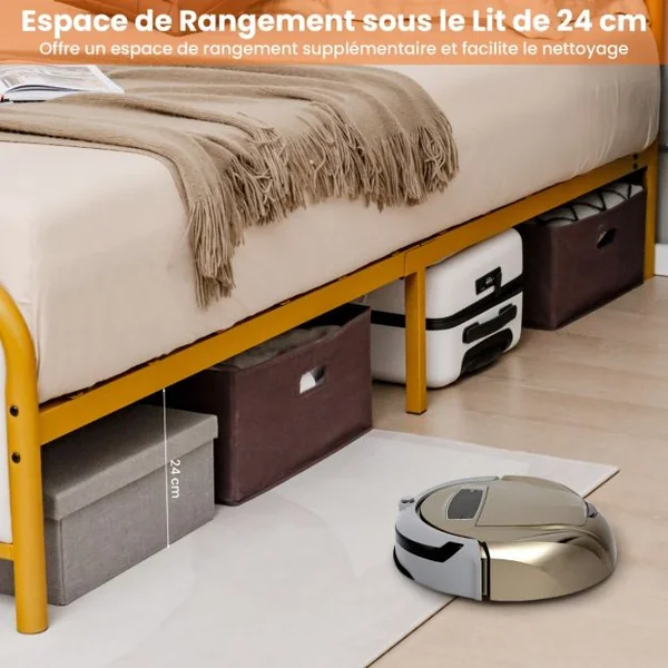 Lit Double pour Adulte en Métal Charge 300KG Cadre/Structure de Lit avec Tête de Lit Moelleuse en Daim et Tampons Silencieux Doré