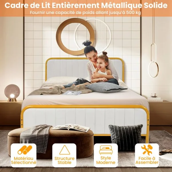 Lit Double pour Adulte en Métal Charge 300KG Cadre/Structure de Lit avec Tête de Lit Moelleuse en Daim et Tampons Silencieux Doré