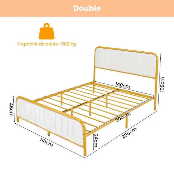 Lit Double pour Adulte en Métal Charge 300KG Cadre/Structure de Lit avec Tête de Lit Moelleuse en Daim et Tampons Silencieux Doré