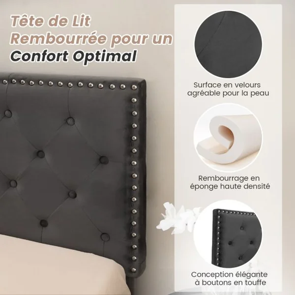 Lit Double Rembourré Structure de Lit avec Tête de Lit Sommier à Lattes et Repose-pieds réglables 140/180 x 200 CM Capacité de 450 kg