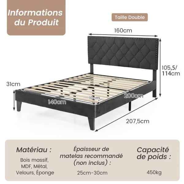 Lit Double Rembourré Structure de Lit avec Tête de Lit Sommier à Lattes et Repose-pieds réglables 140/180 x 200 CM Capacité de 450 kg