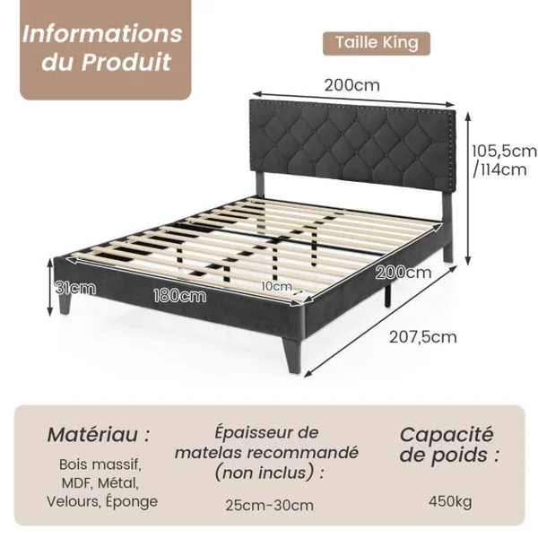 Lit Double Rembourré Structure de Lit avec Tête de Lit Sommier à Lattes et Repose-pieds réglables 140/180 x 200 CM Capacité de 450 kg