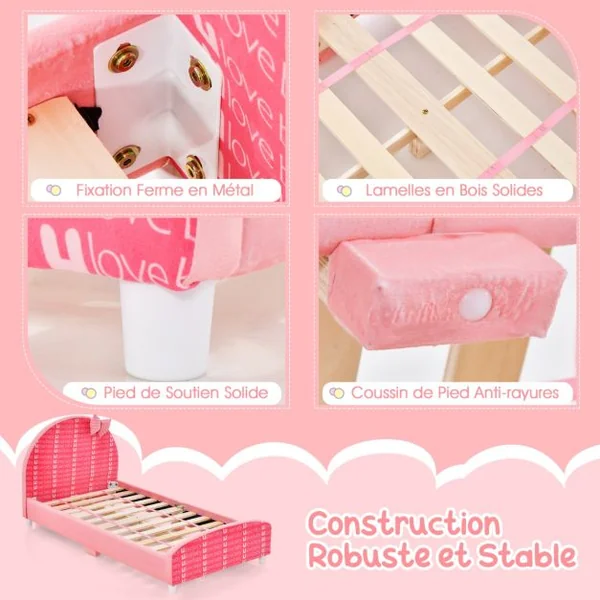 Lit Enfant avec 4 Pieds Réglables Cadre de Lit Moderne avec Motifs Nœud Tête de Lit Douce pour Jouer Lire Dormir Charge 80KG 152 x 77 x 70 cm Rose