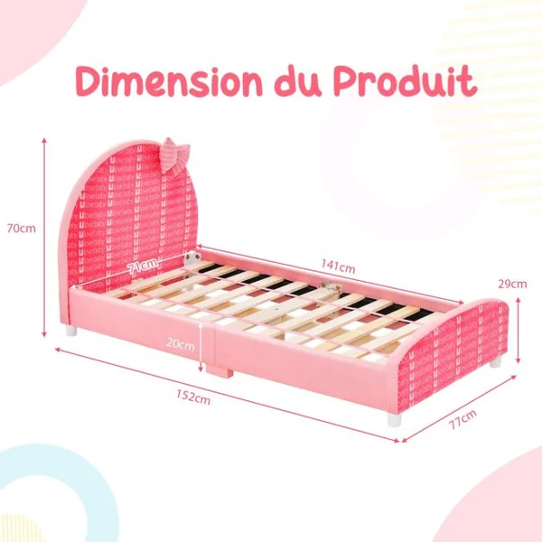 Lit Enfant avec 4 Pieds Réglables Cadre de Lit Moderne avec Motifs Nœud Tête de Lit Douce pour Jouer Lire Dormir Charge 80KG 152 x 77 x 70 cm Rose