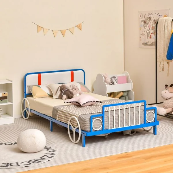 Lit Enfants en Forme Train 90x190CM Tête de Lit Douce 11 Lattes Métallique Lit Simple en Métal Garçon Fille Charge 160KG Bleu Blanc
