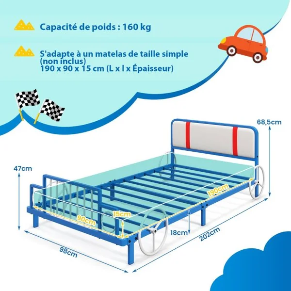 Lit Enfants en Forme Train 90x190CM Tête de Lit Douce 11 Lattes Métallique Lit Simple en Métal Garçon Fille Charge 160KG Bleu Blanc