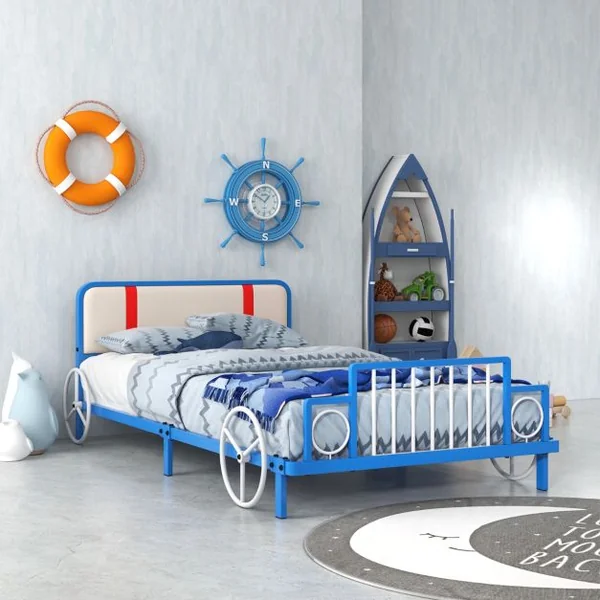 Lit Enfants en Forme Train 90x190CM Tête de Lit Douce 11 Lattes Métallique Lit Simple en Métal Garçon Fille Charge 160KG Bleu Blanc