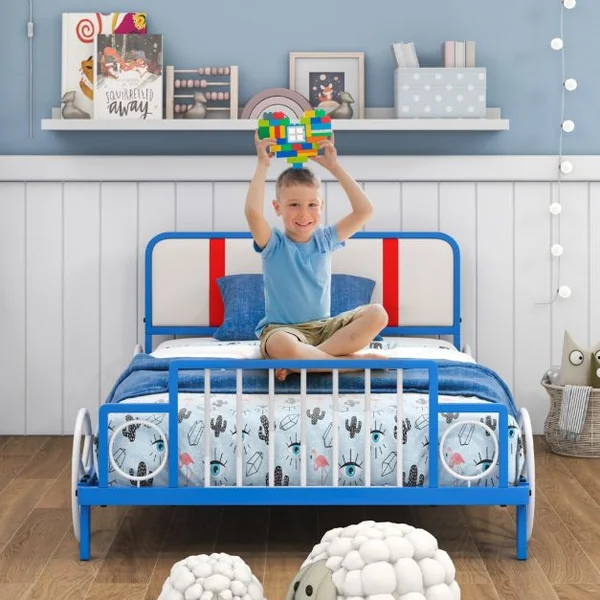 Lit Enfants en Forme Train 90x190CM Tête de Lit Douce 11 Lattes Métallique Lit Simple en Métal Garçon Fille Charge 160KG Bleu Blanc