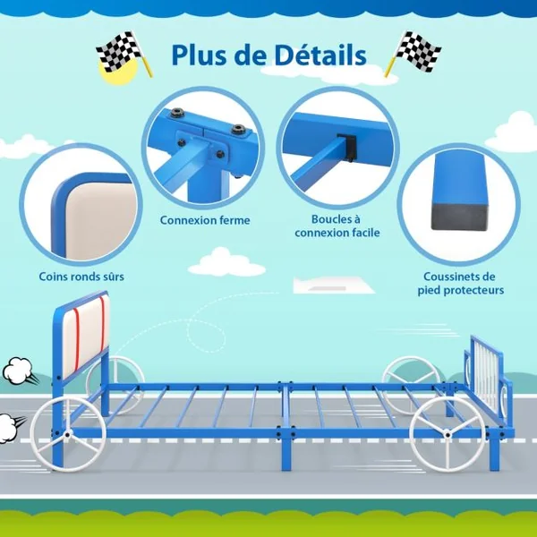 Lit Enfants en Forme Train 90x190CM Tête de Lit Douce 11 Lattes Métallique Lit Simple en Métal Garçon Fille Charge 160KG Bleu Blanc