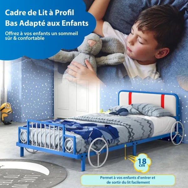 Lit Enfants en Forme Train 90x190CM Tête de Lit Douce 11 Lattes Métallique Lit Simple en Métal Garçon Fille Charge 160KG Bleu Blanc