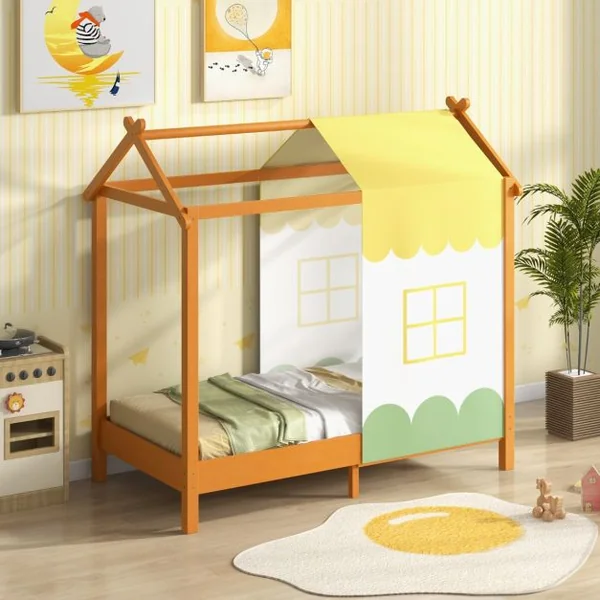 Lit Maison de 70 x 140 Cm pour Enfants avec Ciel de Lit Amovible Lit Plateforme avec 12 Lattes en Bois Massif Cadre de Lit Montessori