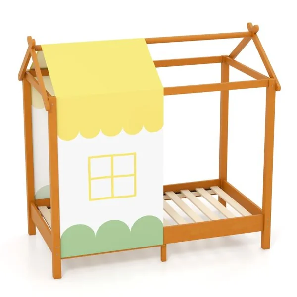 Lit Maison de 70 x 140 Cm pour Enfants avec Ciel de Lit Amovible Lit Plateforme avec 12 Lattes en Bois Massif Cadre de Lit Montessori
